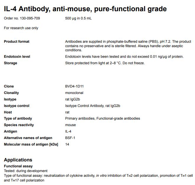 Anti-IL-4 pure, funct grade, mouse