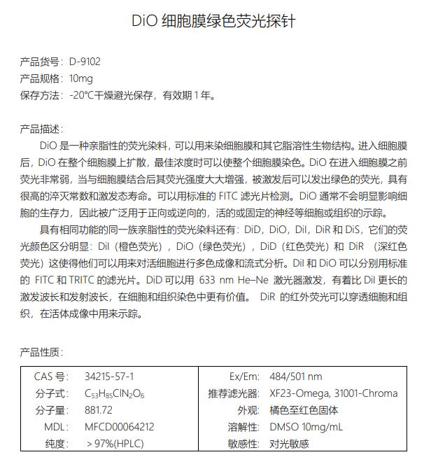 DiO(细胞膜绿色荧光探针)